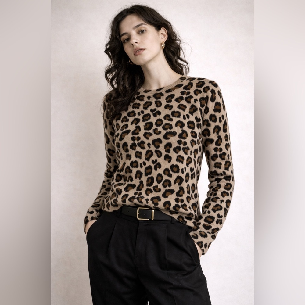 Cynthia Rowley Leopard Print Crewneck Sweater in Tan and Black